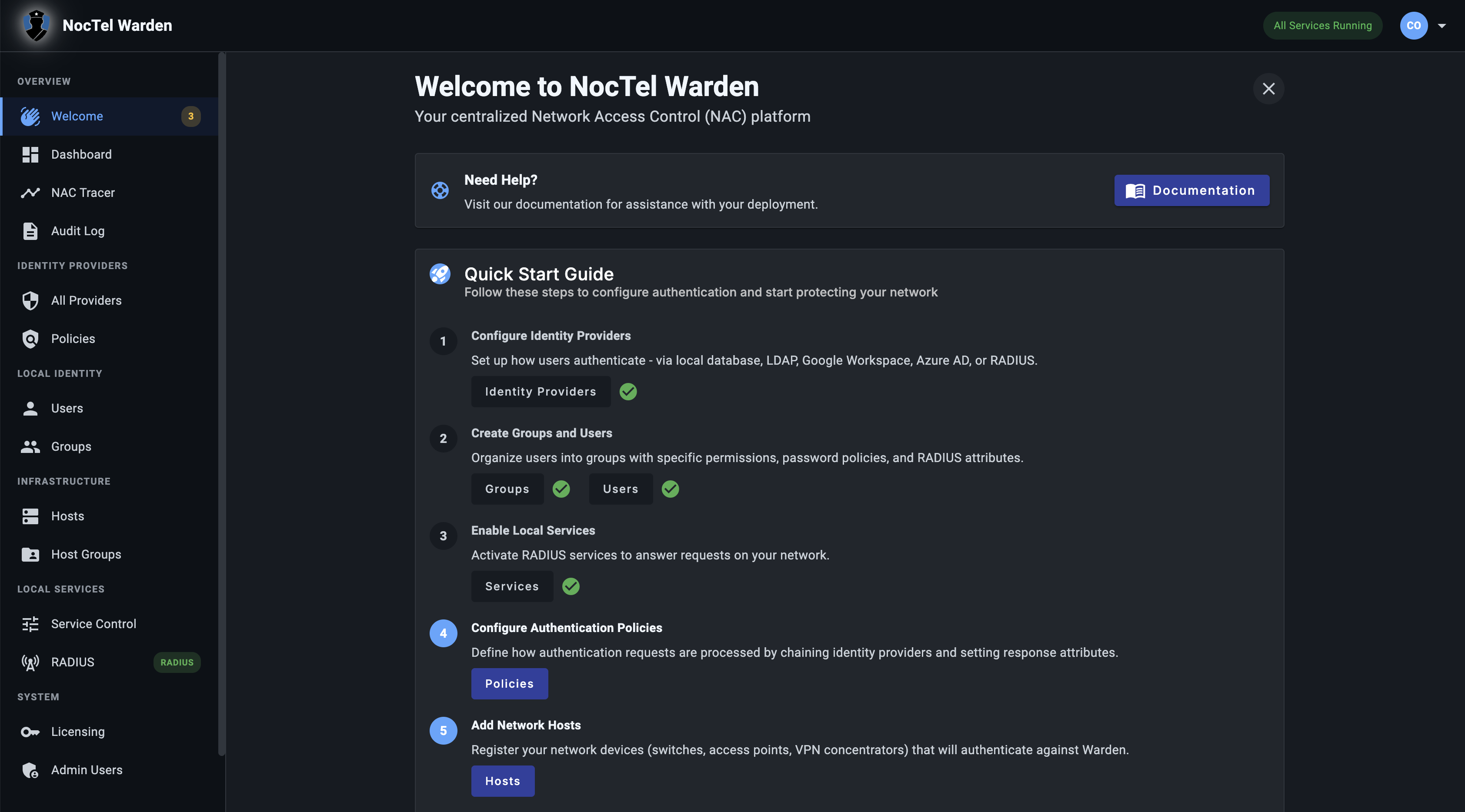 NocTel Warden Dashboard - Quick Start Guide showing identity providers, groups, users, policies, and hosts configuration